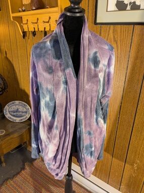 Soft Purple and Blue Tie-Dye Ribbed Open Front Cardigan